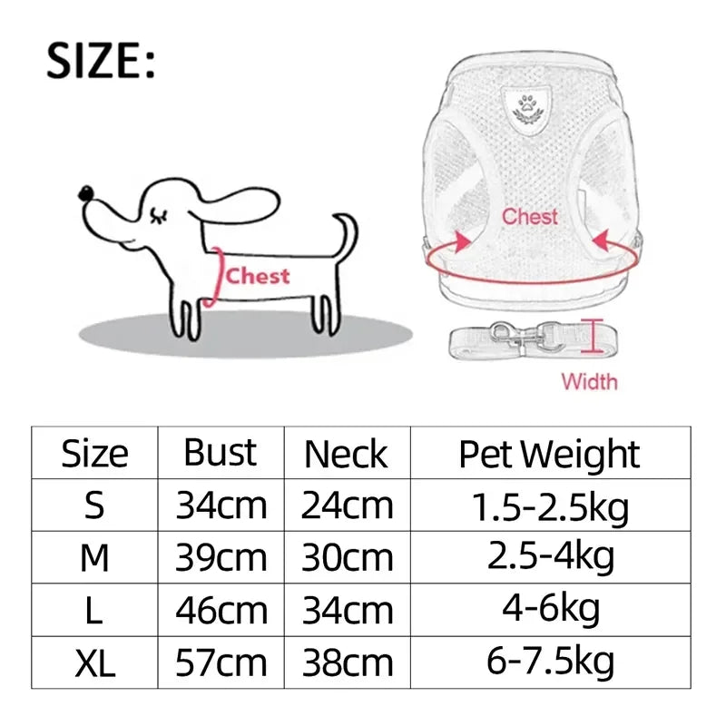 Colete Peitoral Ajustável com Guia para Gatos e Cães de Pequeno Porte – Malha Respirável e Tecido Refletivo