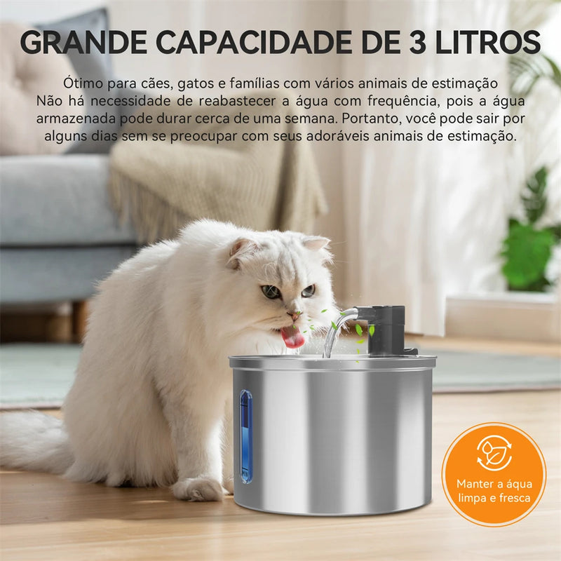 Newpet Fonte de Água Inox 3L para Gatos e Cães — Bebedouro Automático, Silencioso e com Filtro Duplo