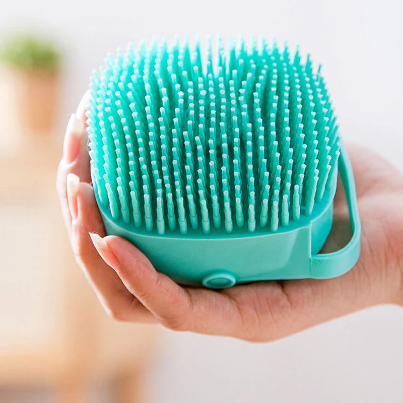 Escova de Banho de Silicone para Cães e Gatos – Massageadora 3 em 1 com Dosador de Shampoo