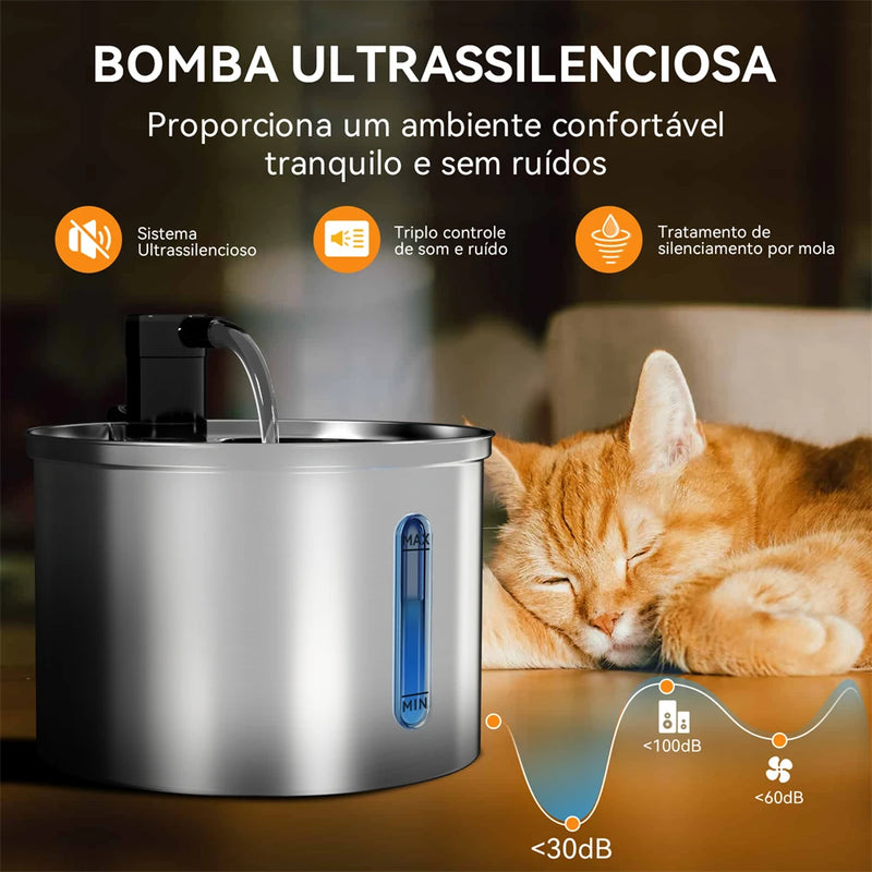 Newpet Fonte de Água Inox 3L para Gatos e Cães — Bebedouro Automático, Silencioso e com Filtro Duplo