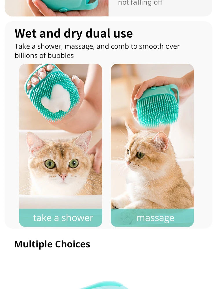 Escova de Banho de Silicone para Cães e Gatos – Massageadora 3 em 1 com Dosador de Shampoo