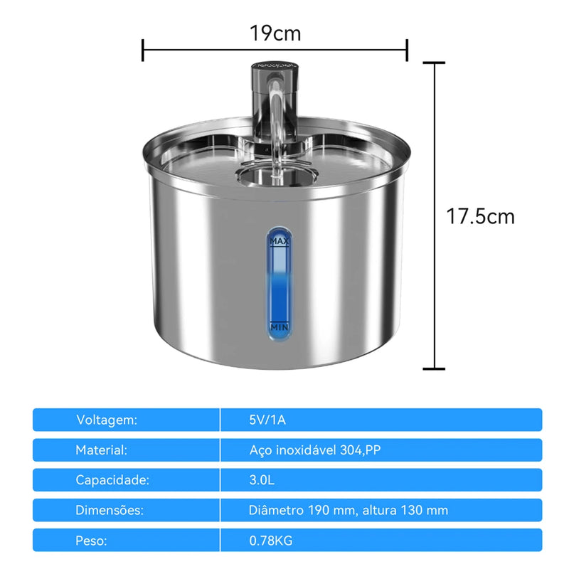 Newpet Fonte de Água Inox 3L para Gatos e Cães — Bebedouro Automático, Silencioso e com Filtro Duplo