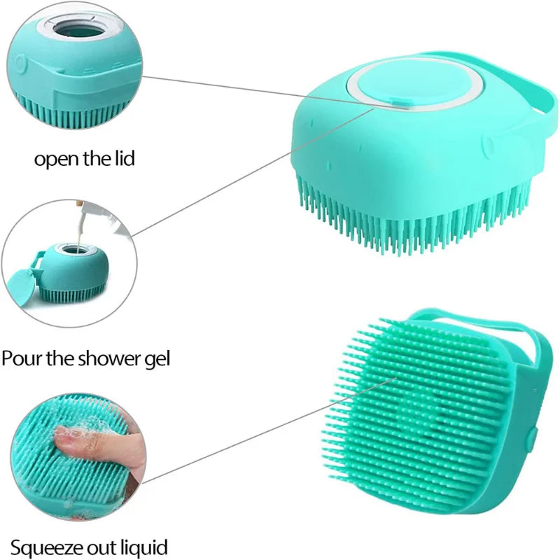 Escova de Banho de Silicone para Cães e Gatos – Massageadora 3 em 1 com Dosador de Shampoo