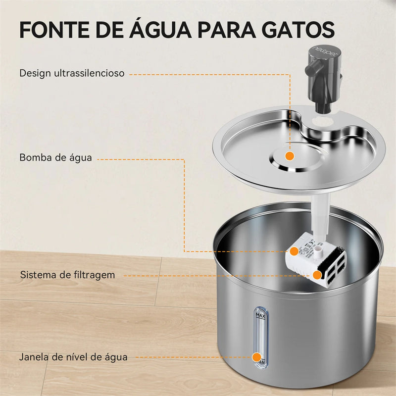 Newpet Fonte de Água Inox 3L para Gatos e Cães — Bebedouro Automático, Silencioso e com Filtro Duplo