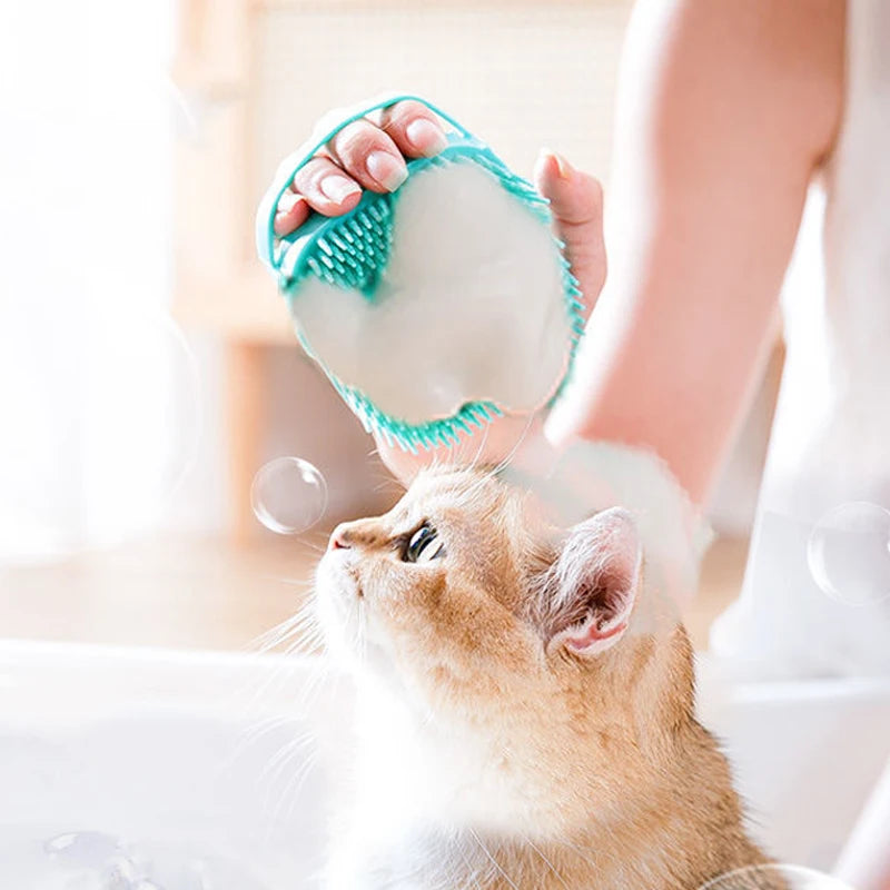 Escova de Banho de Silicone para Cães e Gatos – Massageadora 3 em 1 com Dosador de Shampoo