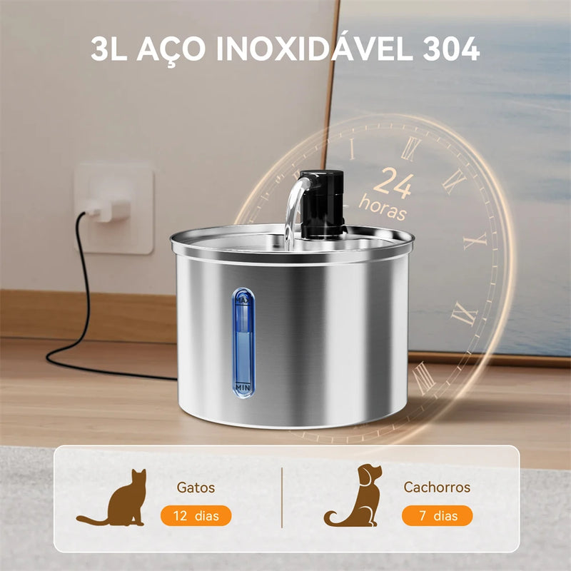 Newpet Fonte de Água Inox 3L para Gatos e Cães — Bebedouro Automático, Silencioso e com Filtro Duplo