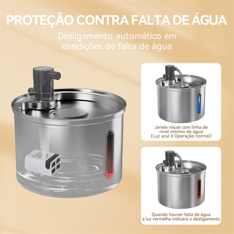 Newpet Fonte de Água Inox 3L para Gatos e Cães — Bebedouro Automático, Silencioso e com Filtro Duplo