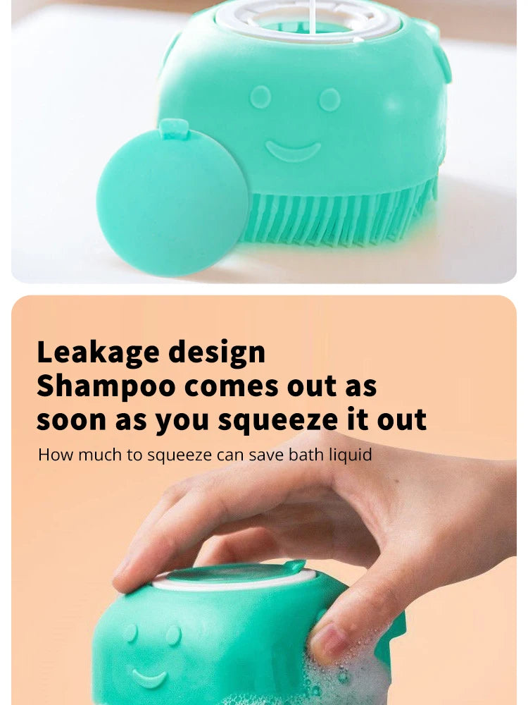 Escova de Banho de Silicone para Cães e Gatos – Massageadora 3 em 1 com Dosador de Shampoo