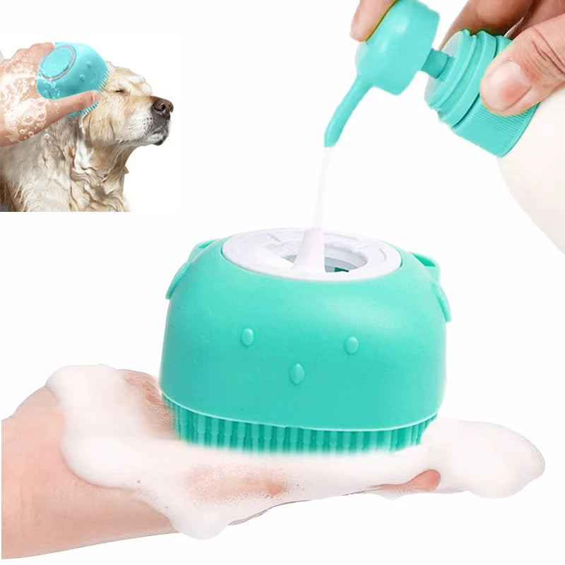 Escova de Banho de Silicone para Cães e Gatos – Massageadora 3 em 1 com Dosador de Shampoo